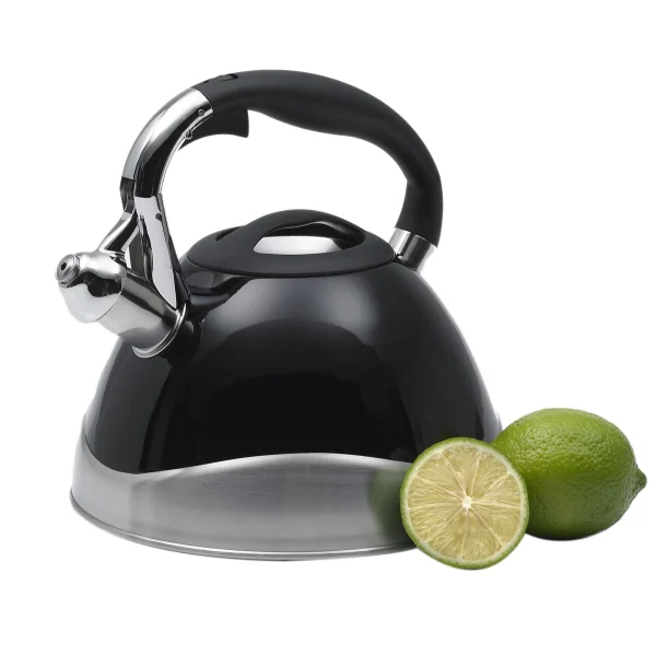 Features  Large capacity of 2.4 quarts Compatible with various stovetops, including induction Fixed, single-tone whistle with drip-free spout Thick base for even heating Logo: Lasered Ergonomic, anti-slip handle - Image 2