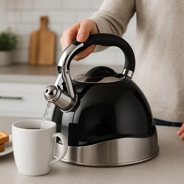Features  Large capacity of 2.4 quarts Compatible with various stovetops, including induction Fixed, single-tone whistle with drip-free spout Thick base for even heating Logo: Lasered Ergonomic, anti-slip handle - Image 3