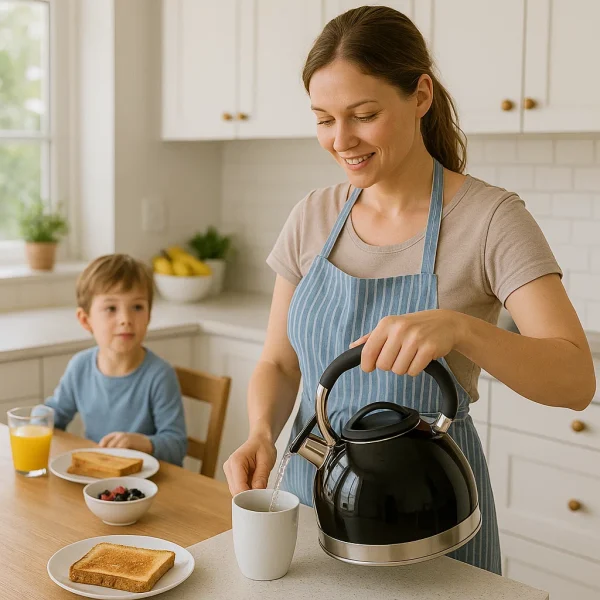 Features  Large capacity of 2.4 quarts Compatible with various stovetops, including induction Fixed, single-tone whistle with drip-free spout Thick base for even heating Logo: Lasered Ergonomic, anti-slip handle - Image 4