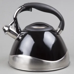 Features  Large capacity of 2.4 quarts Compatible with various stovetops, including induction Fixed, single-tone whistle with drip-free spout Thick base for even heating Logo: Lasered Ergonomic, anti-slip handle