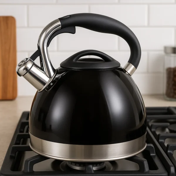 Features  Large capacity of 2.4 quarts Compatible with various stovetops, including induction Fixed, single-tone whistle with drip-free spout Thick base for even heating Logo: Lasered Ergonomic, anti-slip handle - Image 5