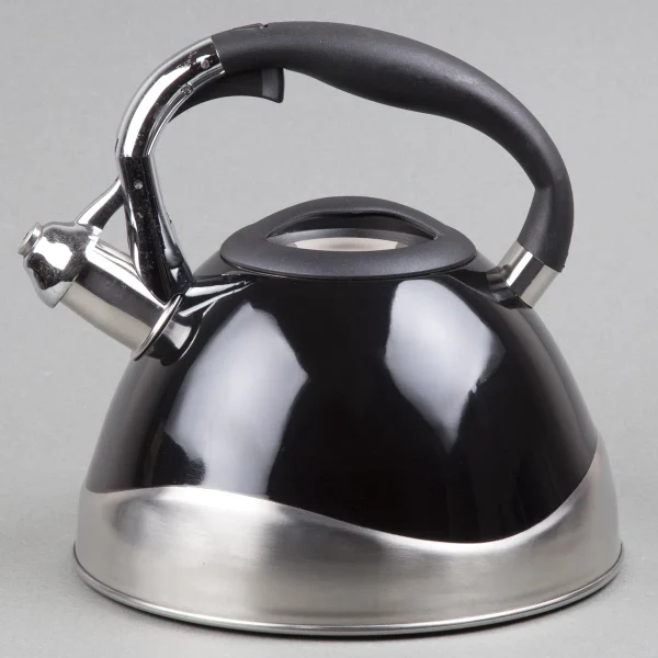 Features  Large capacity of 2.4 quarts Compatible with various stovetops, including induction Fixed, single-tone whistle with drip-free spout Thick base for even heating Logo: Lasered Ergonomic, anti-slip handle